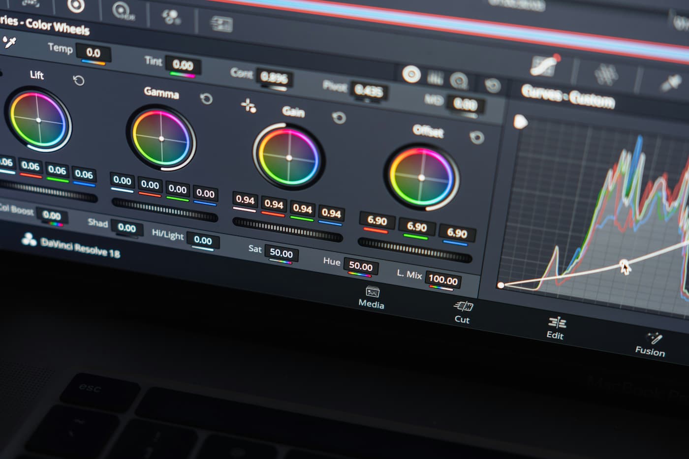 Interface DaVinci Resolve : color wheels et courbes
